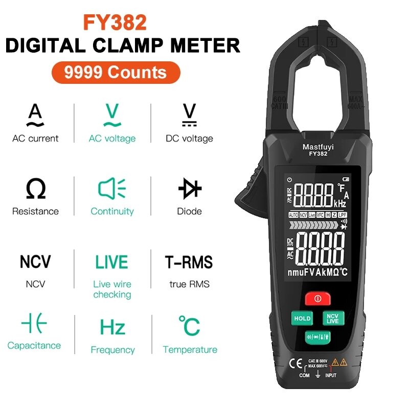 FUYI FY382 9999 Counts Digital Clamp Meter Professional Multimeter Auto Range AC Voltage Current Cap