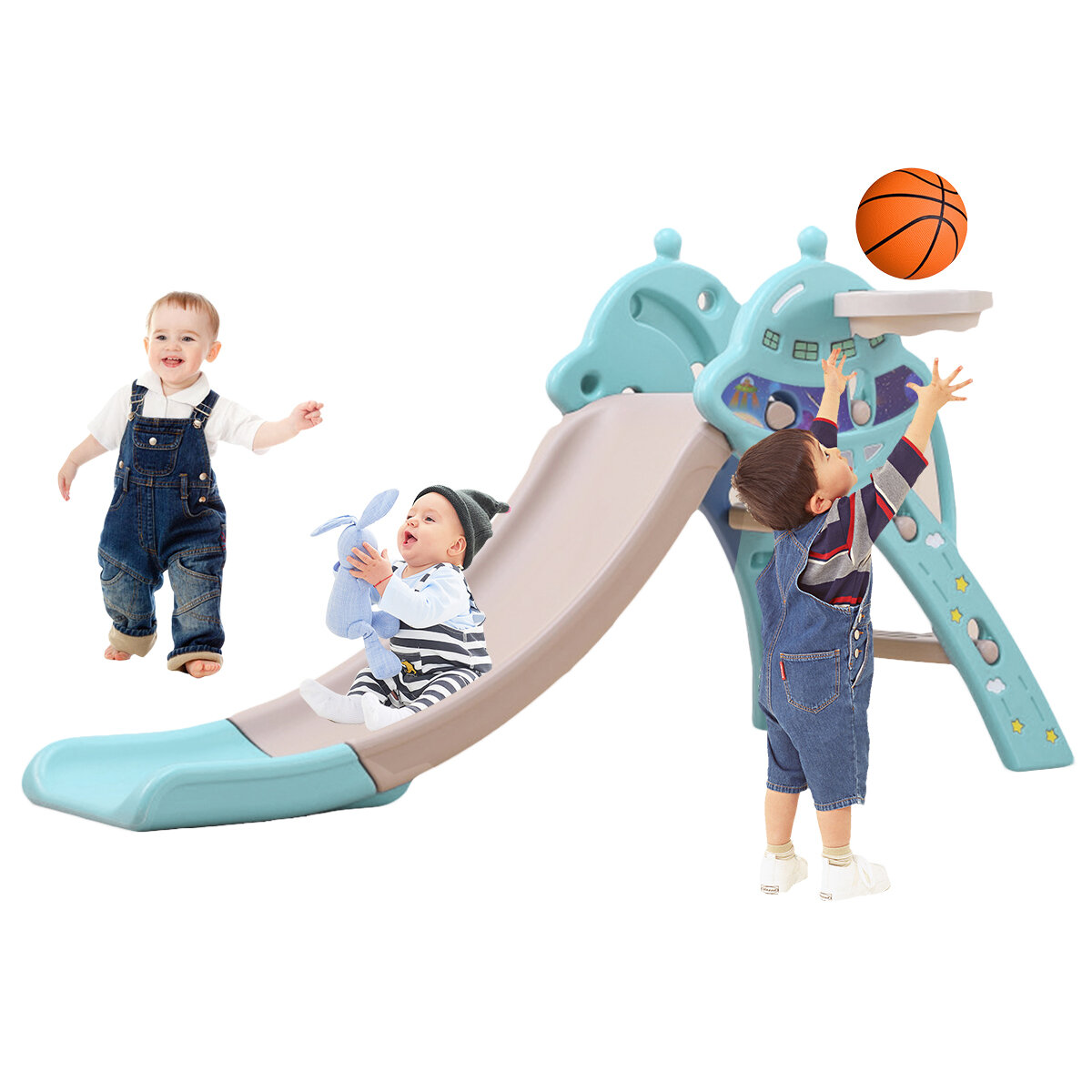 

3 IN 1 Toddler Slide and Swing Set Climber Slide Playset Equipped with Climbing Ladder Slide Basketball Hoop Christmas G
