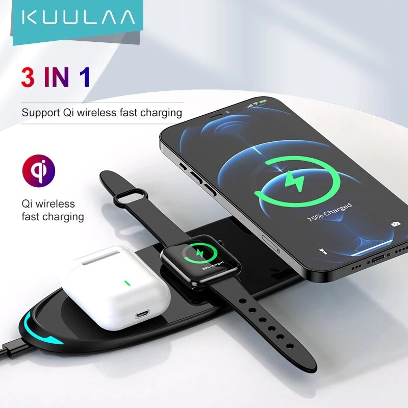 KUULAA LH3 15W3-In-1磁気ワイヤレス充電器Qi高速ワイヤレス充電パッドQi対応スマートフォン用Apple Watch用5/4/3エアポッド用ProiPhone12用ProMax iPhone 12Mini用