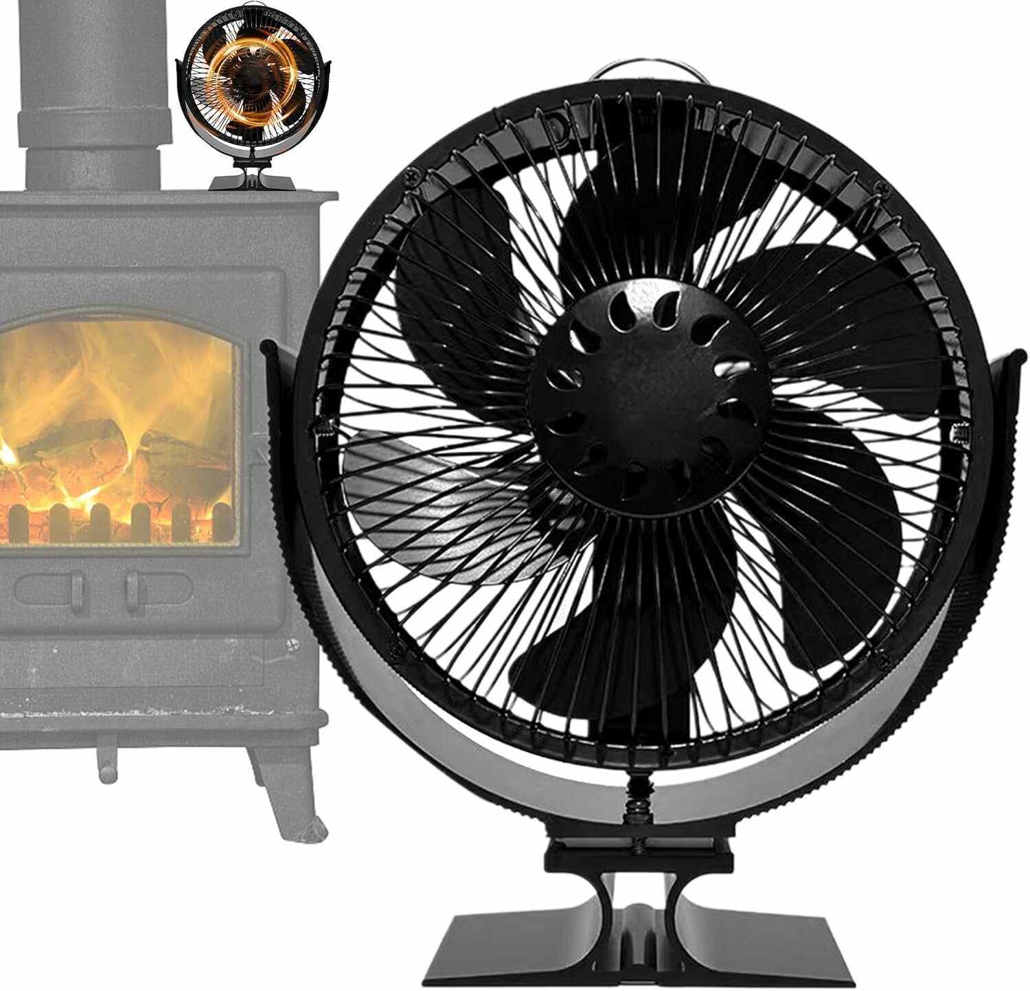 Ventilador de fogão com 6 pás e rotação de 360° alimentado por calor com cobertura. Ventilador ecológico e portátil para um aquecimento eficiente.
