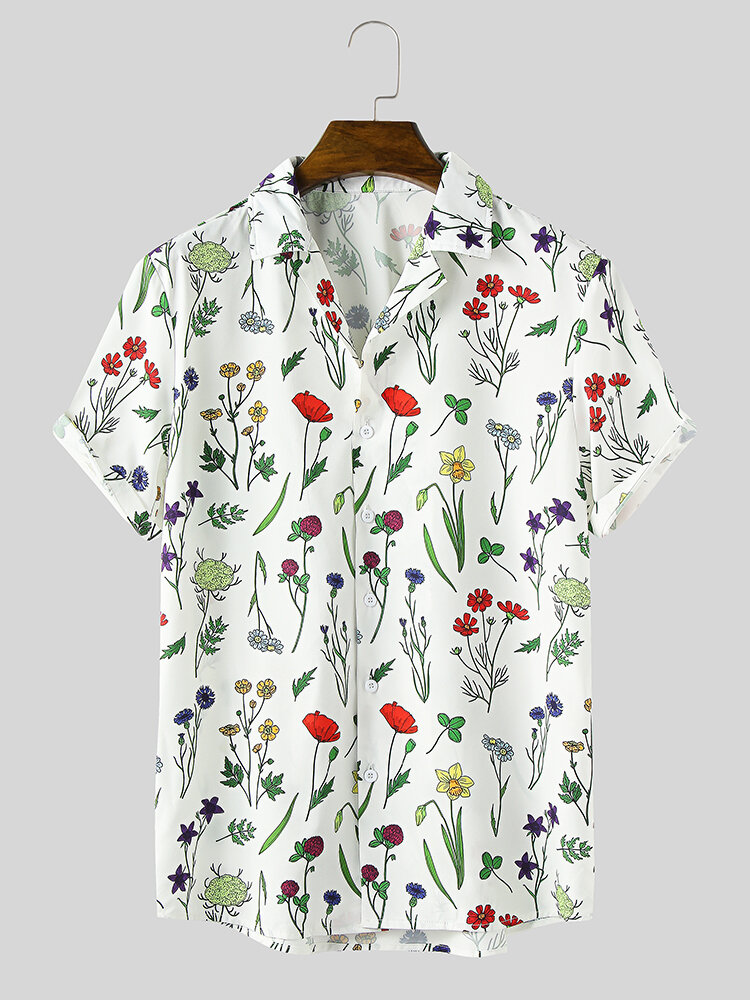 

Mens Colorful Frower Leaf Print Revere Collar Short Sleeve Shirt