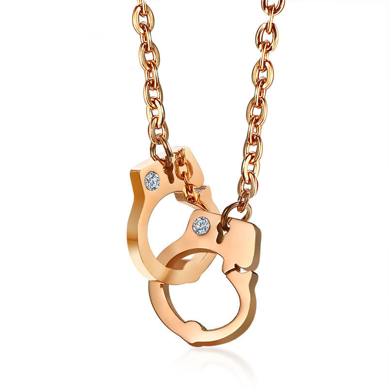 Titanium Steel Rhinestone Rose Gold Handcuffs Necklace