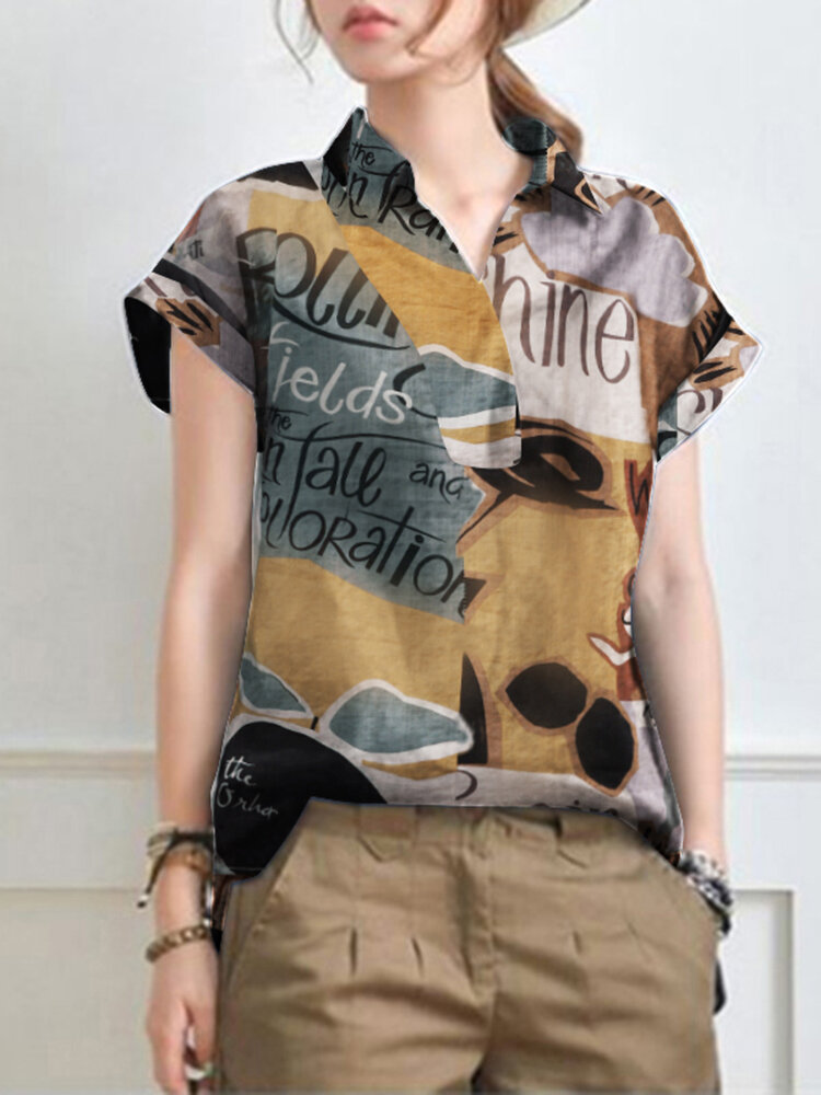 Abstract Painted Letter Plaid Short Sleeve Casual Blouse