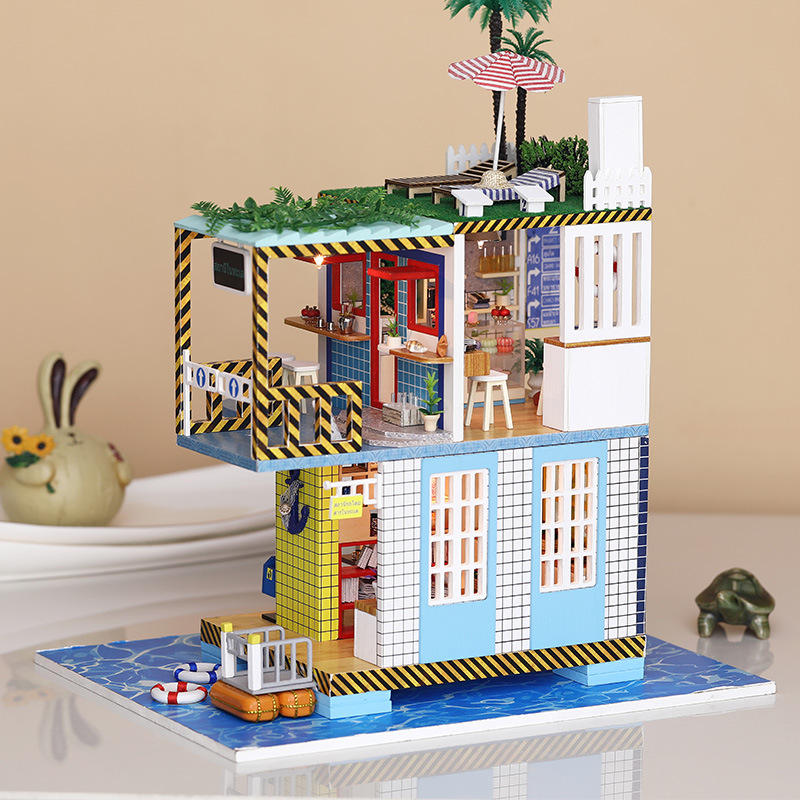 iiecreate K-038 poppenhuis diy zee post station miniatuur inrichting met deksel muziek beweging cade