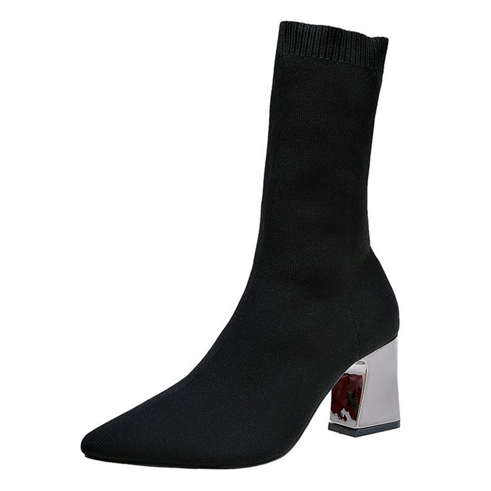 Image of Elastische Socke Stiefel Chunky Heel Mid Calf Stiefel