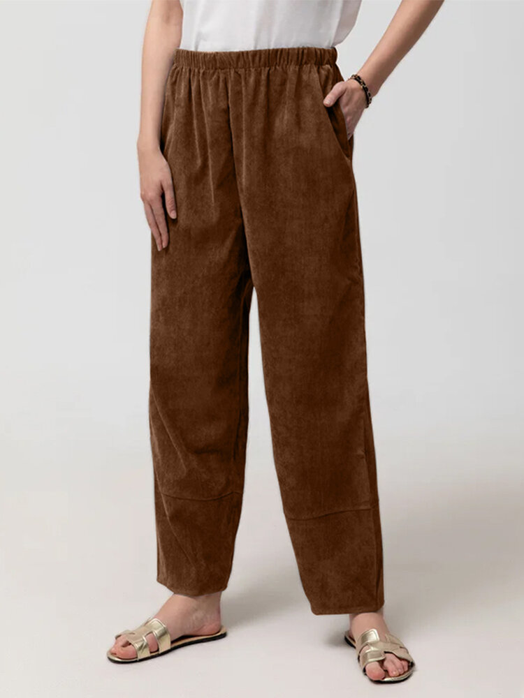 

Women Corduroy Solid Color Elastic Waist Harem Pants With Pocket