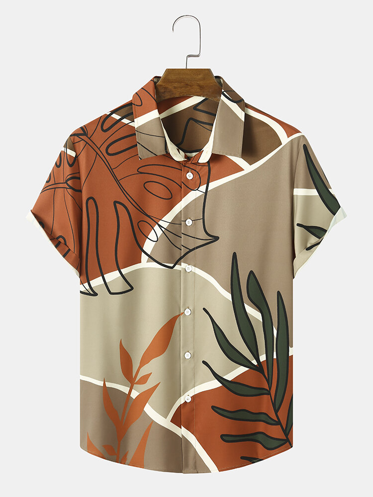 Heren kleurblok grafische tropische plantenprint casual shirts met korte mouwen