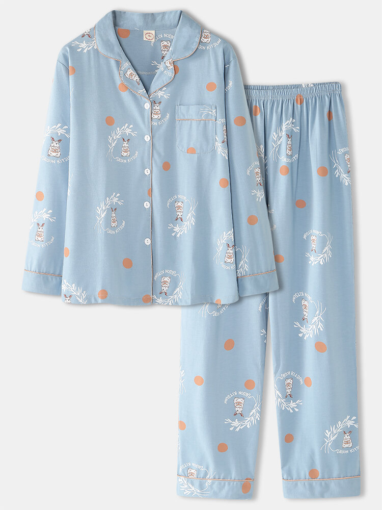 Dames Cartoon Konijn & Polka Dot Print Shirt Elastische Taille Thuis Pyjama Set