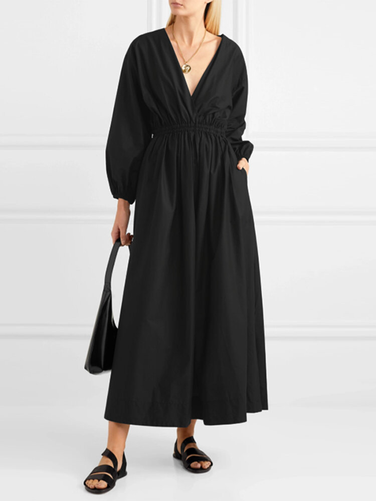 Women V-Neck Pleated Elastic Waist Puff Sleeve Elegant Maxi Dresses
