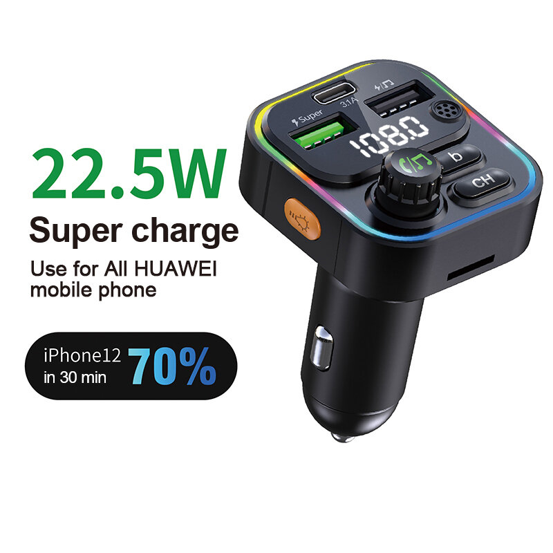 Bakeey 22.5W 2 Usb-As +PD Port FM Bluetooth Transmitter Fast Charging Car Charger Wireless Handsfree Car Mp3 Player For