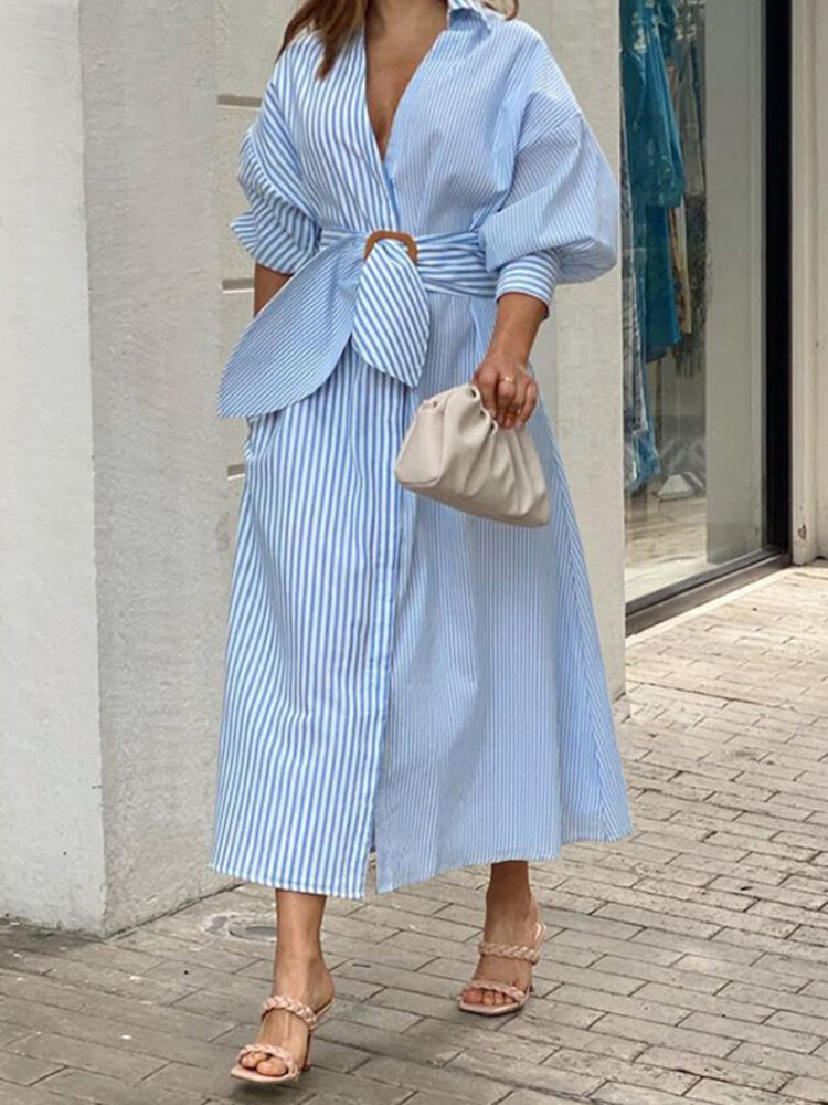 Women Puff Sleeve Splicing Striped Solid Butterfly Knot Three Quarter Sleeve Calf Length Midi Dresse