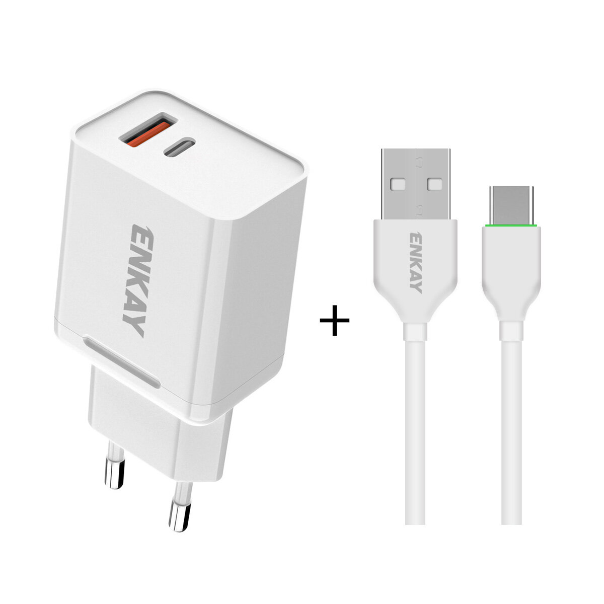 

ENKAY 18 Вт QC3.0 Type-C + USB-A Быстрая зарядка USB-зарядное устройство с зарядным кабелем для iPhone 12 для Samsung Ga