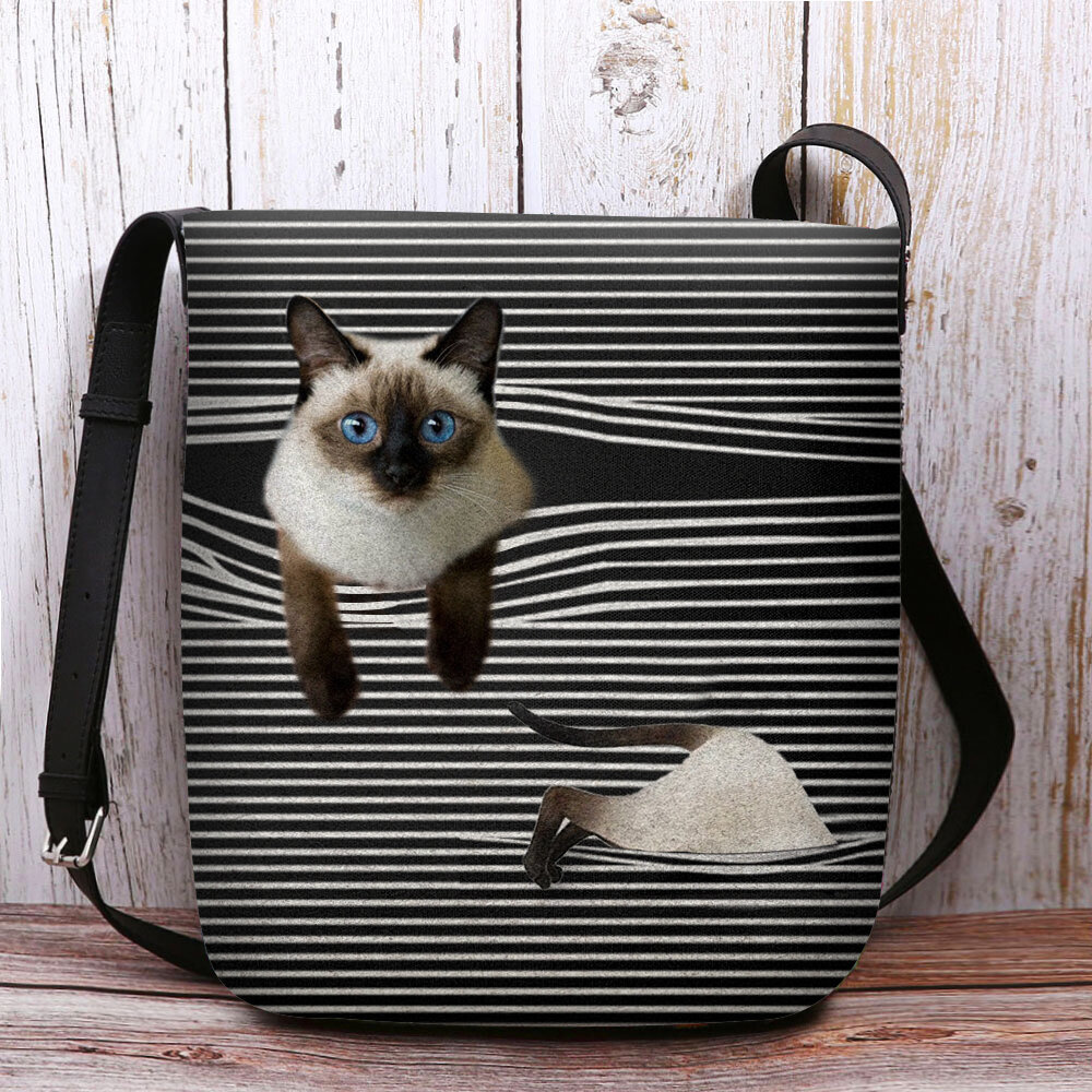 Women Felt Cute Cartoon Cat Stripes Pattern Multi-carry Crossbody Bag Shoulder Bag