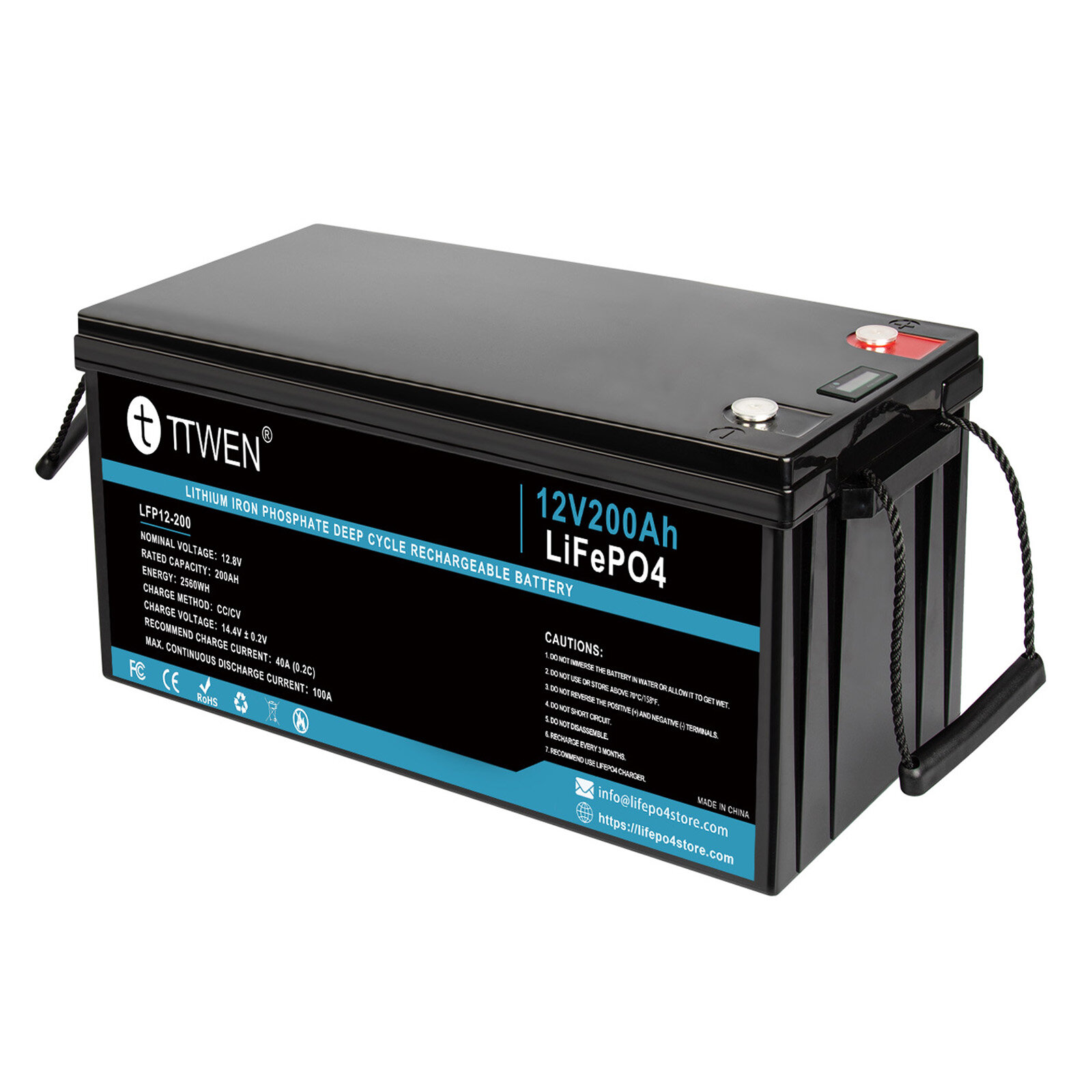 [EU Direct] TTWEN 12V 12.8V 200Ah LiFePO4 Lithium Battery Pack 2560Wh Energy 4000+ Deep Cycles Built-in 100A BMS 46.29lb