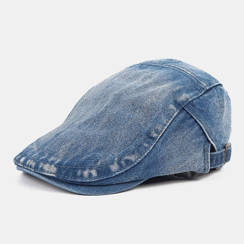 

Men Newsboy Cap Washed Denim Solid Color Breathable Adjustable Outdoor Sunshade Casual Forward Hat Beret Flat Cap