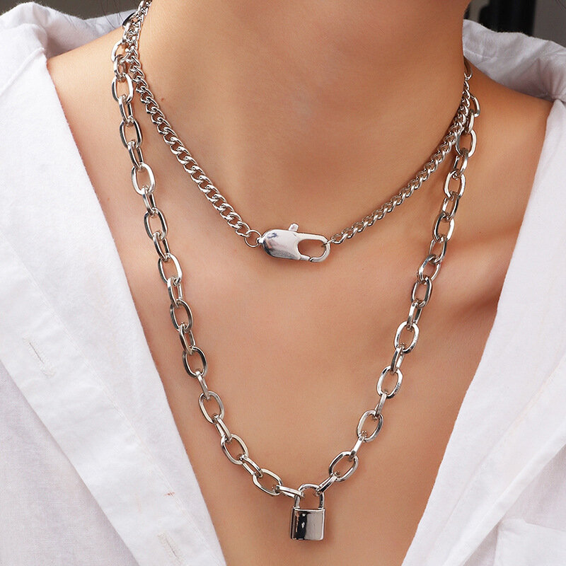 Punk Metal Lock Pendant Clavicle Chain Geometric Round Buckle Chain Multilayer Necklace