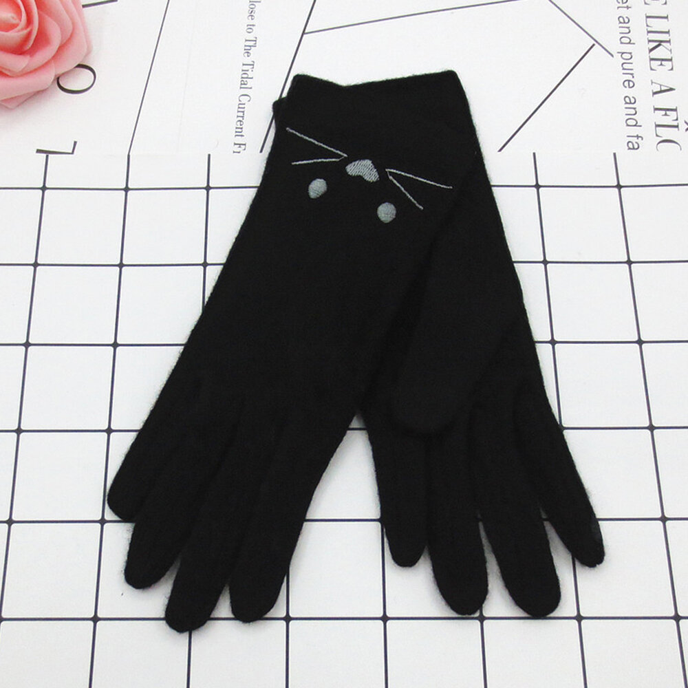 Women Wool Screen-touchable Embroidery Cartoon Cat Pattern Keep Warm Fashion Casual Gloves