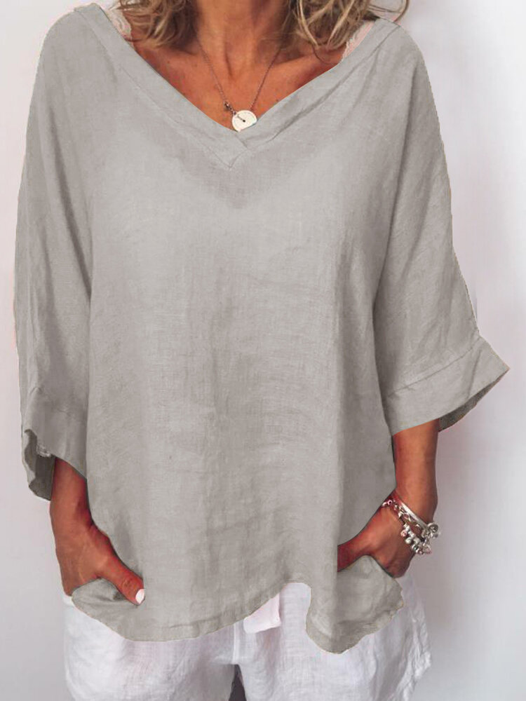 women casual v-neck solid color 3/4 sleeves blouse at Banggood