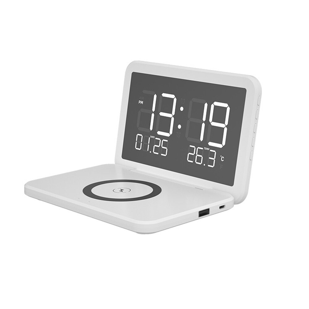 Double Sided Electronic Desk Calendar Alarm Clock with Mobile Phone Wireless Charger Mirror Digital 