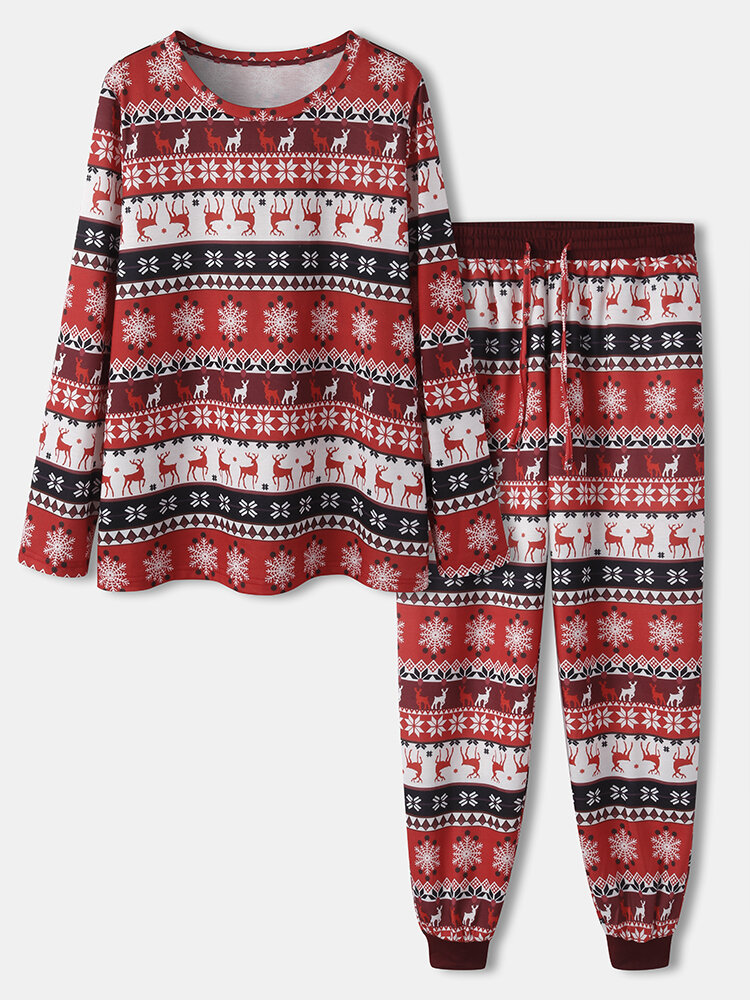

Women Christmas Elk Snowflake Print Pullover Drawstring Jogger Pants Cozy Home Pajama Set