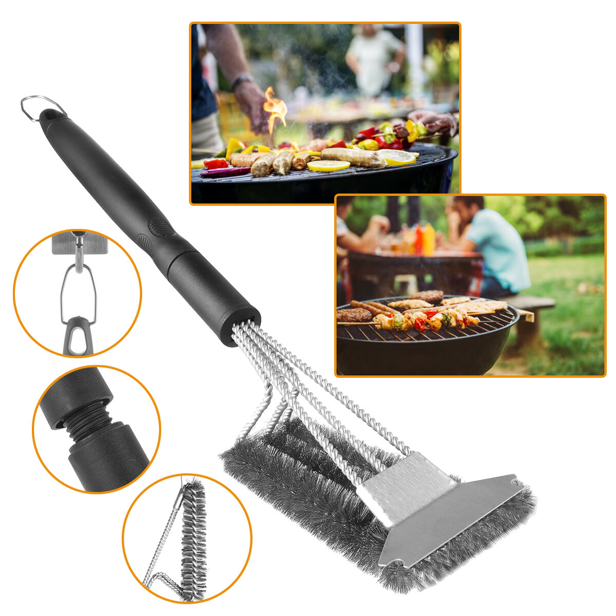 45cm 3-Head Barbecue Oven Grill Cleaning Brush Steel Wire Heads BBQ Clean Tool
