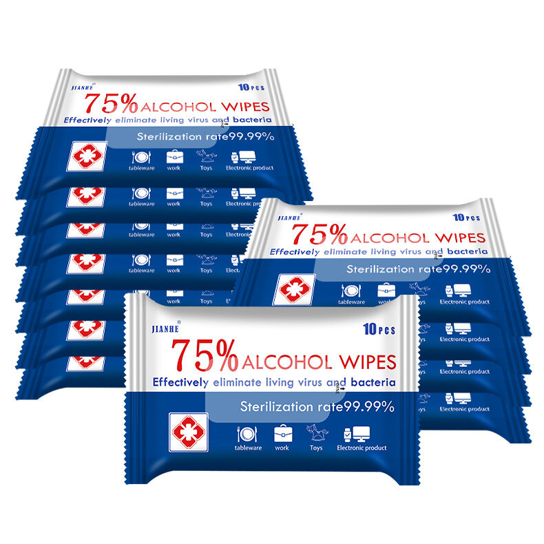 5個のPCS 10枚/パック75％アルコールワイプ、携帯用ハンドタオル、消毒クリーニングウェットワイプ、屋外用クリーニング滅菌ワイプペーパー