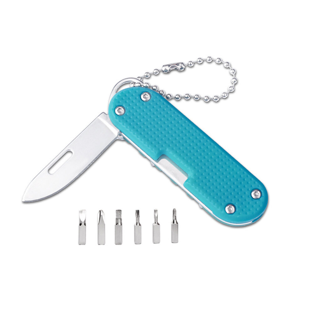 Multifunction Mini Folding Knife Portable Key Chain Blade with 6 Pcs Screwdriver Head Outdoor Camping Travel