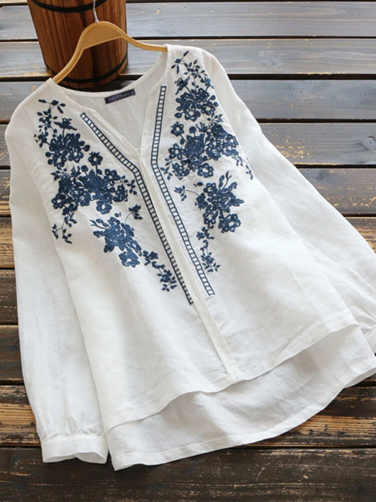 Women Cotton V Neck Embroidery Patterns Casual Loose Blouse
