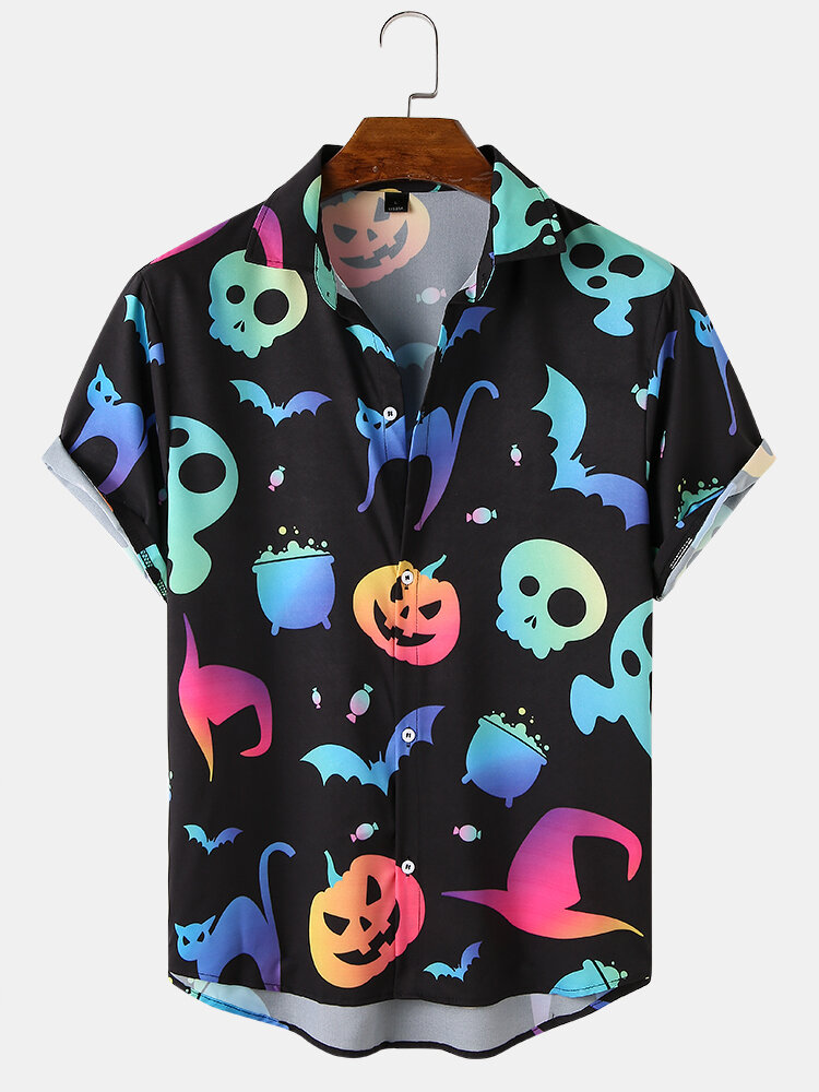 Funny Luminous Pumpkin Skull Print Halloween Relaxed Fit Short Sleeve Shirts
