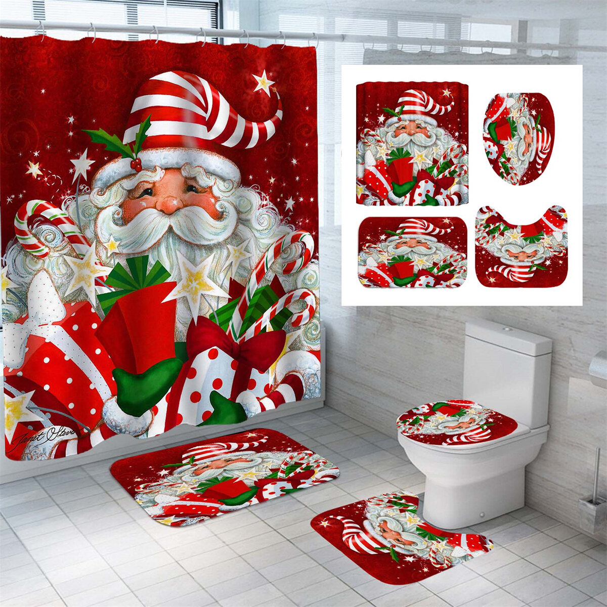 Santa Claus Waterproof Shower Curtain Christmas Anti-slip Bath Mat Toilet Mat Set Christmas Bathroom