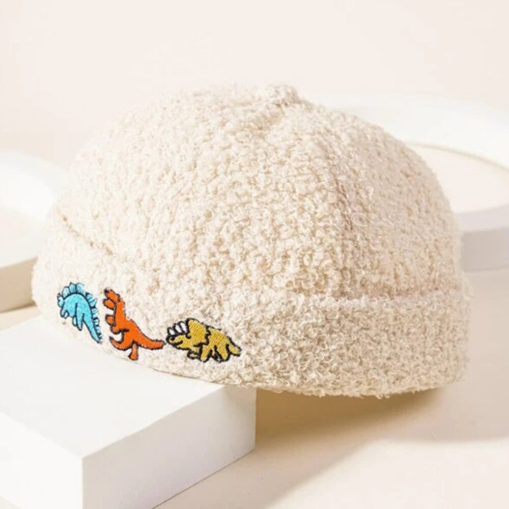 

Collrown Men Landlord Cap Shearling Cartoon Colorful Dinosaur Pattern Embroidery Warmth Brimless Beanie Skull Cap