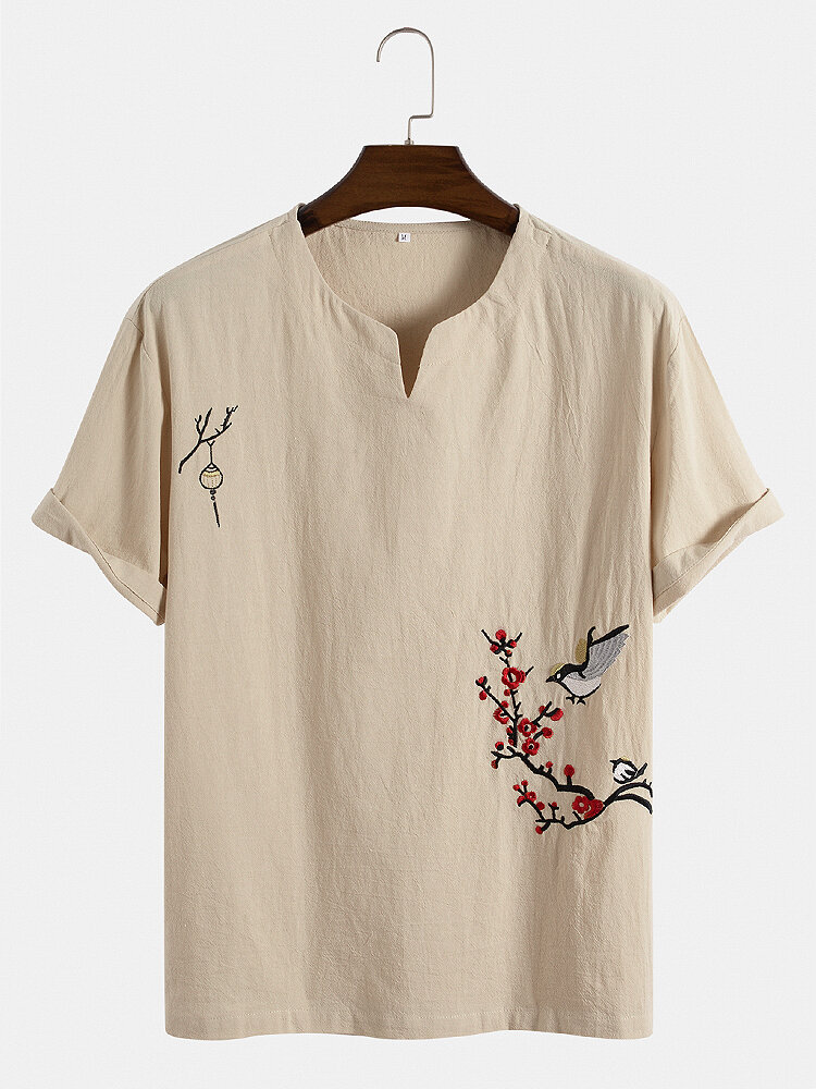 Heren Bird Flower Borduurwerk 100% katoenen shirts