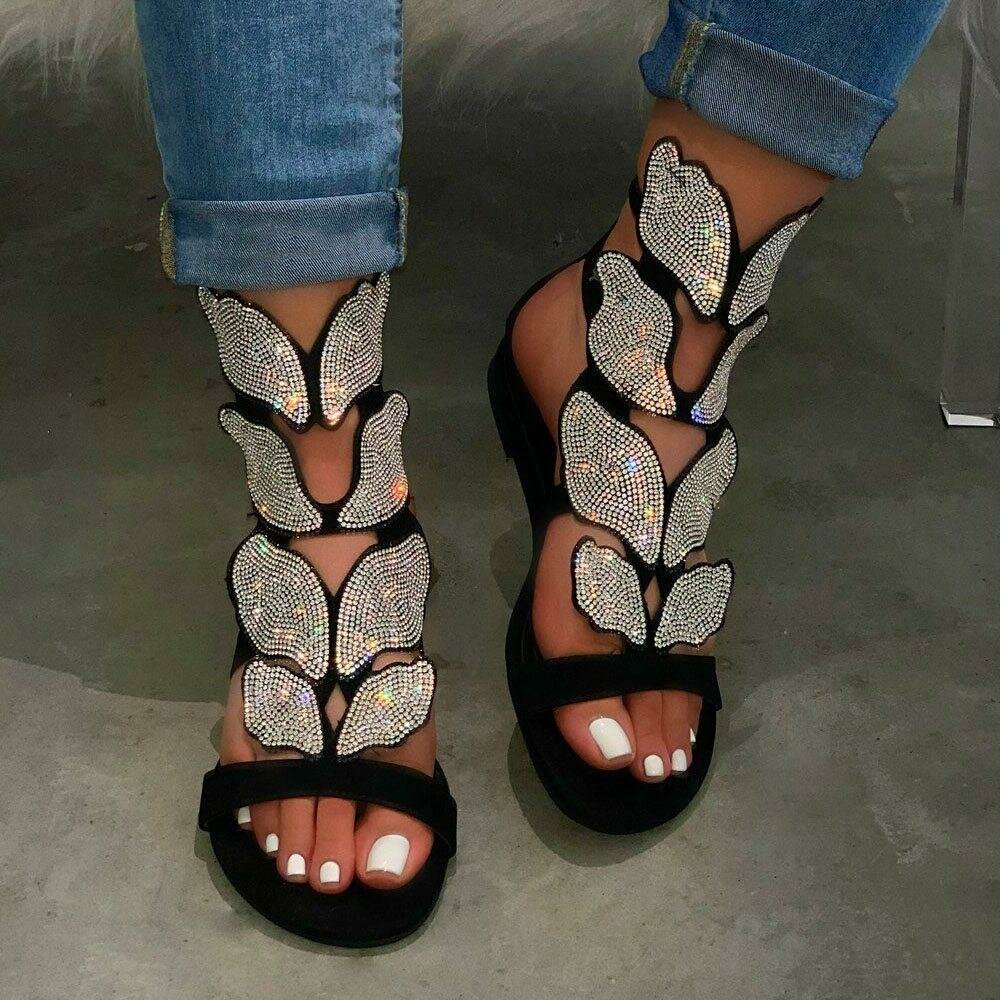 55% OFF on Women Rhinestone Butterfly Open Toe Fashion Party Flat Sandals