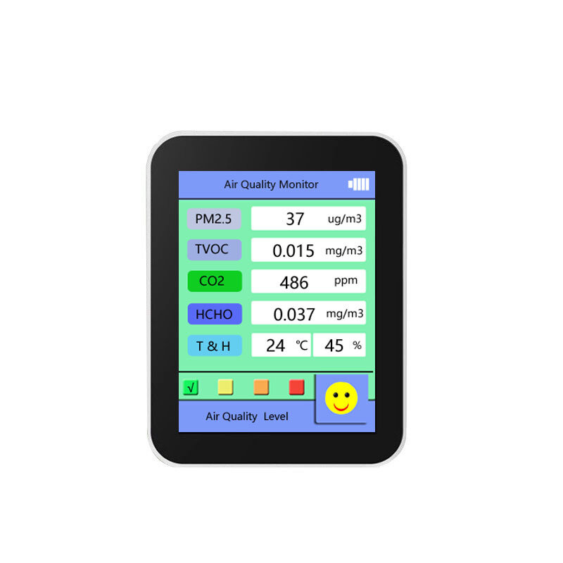

6 In 1 Air Quality Monitor PM2.5/TVOC /CO2/HCHO/Temperature/Humidity Built-in Battery Multifunction Air Quality Tester
