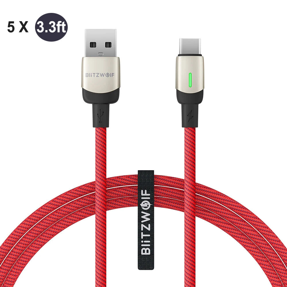 

[5 Pack] BlitzWolf® BW-TC21 3.3ft 3A USB Type-C Cable LED Indicator Fast Charging Data For Mi10 Note 9S UMIDIGI A7 Pro E