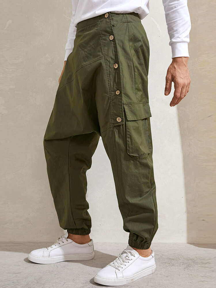 

Mens 100% Cotton Button Solid Harem Pants with Side Pocket