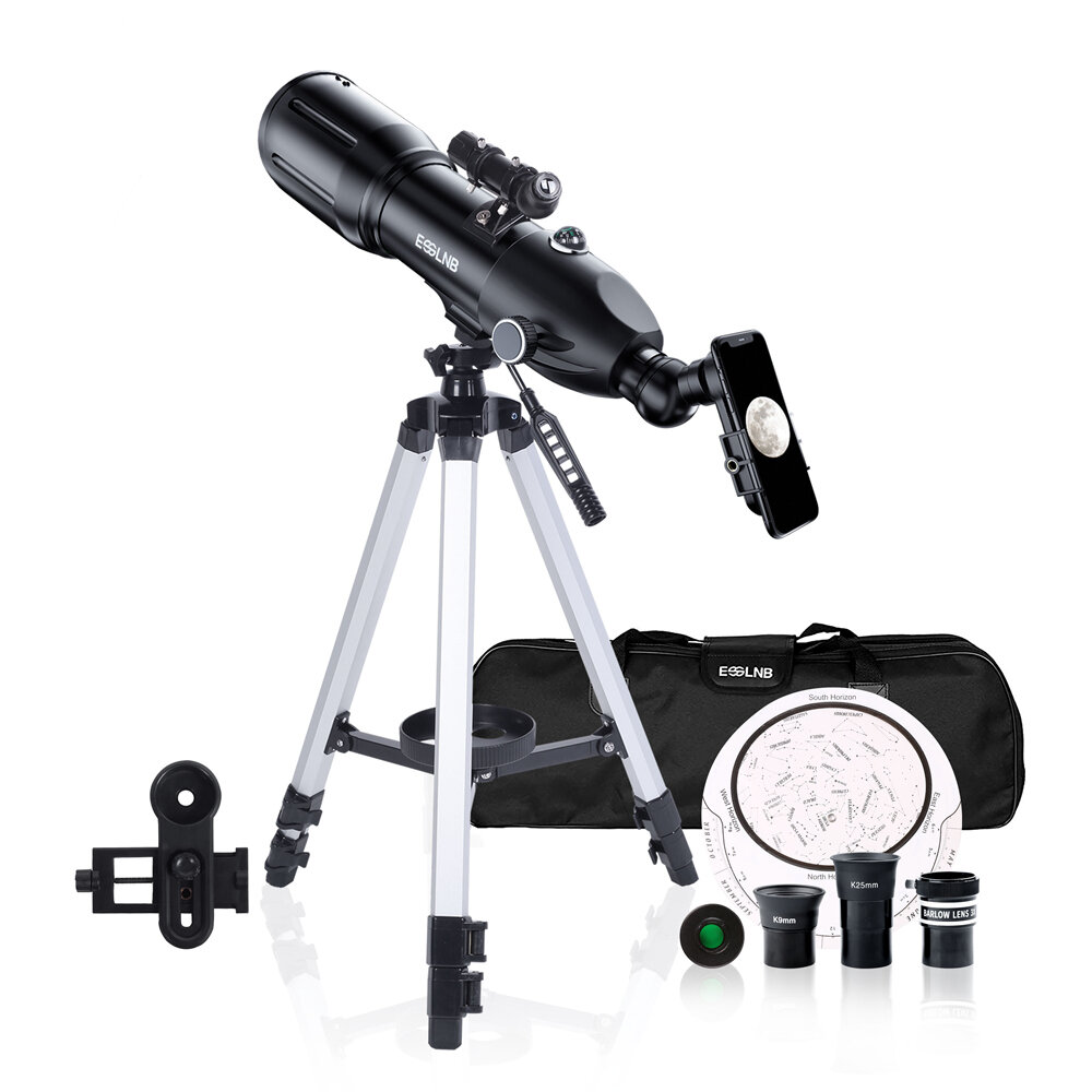 [US Direct] ESSLNB ES2012 16-133X Astronomiska Teleskop för vuxna barn Astronomi Nybörjare 80 mm Resesteleskop med 10X Telefonfäste och Månfilter