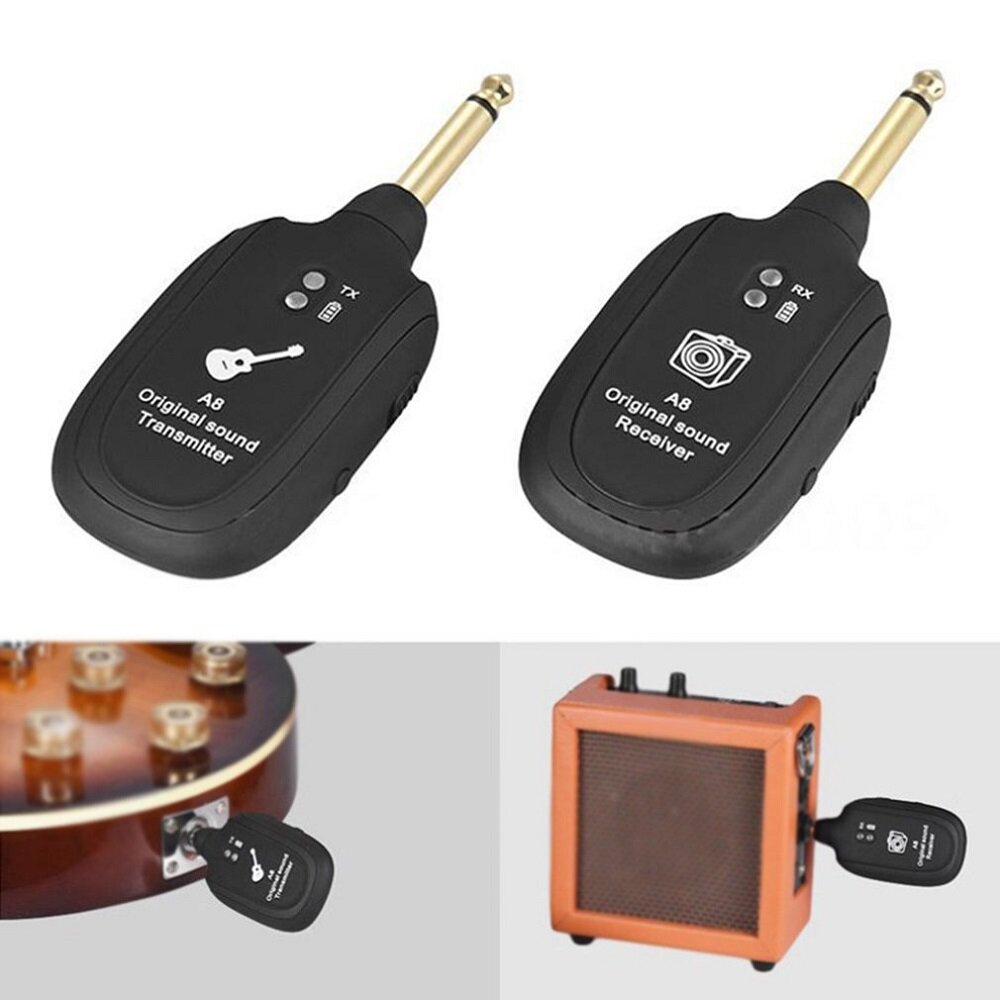 A8 4 Channels Guitar Pickup Wireless System Transmitter Receiver Built-In Rechargeable Lithium Batte