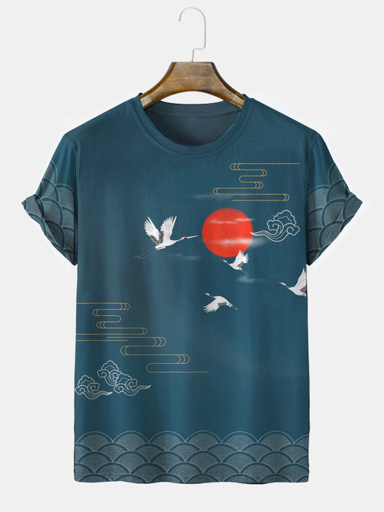

Mens Cloud Crane Print Japanese Style Short Sleeve T-Shirts