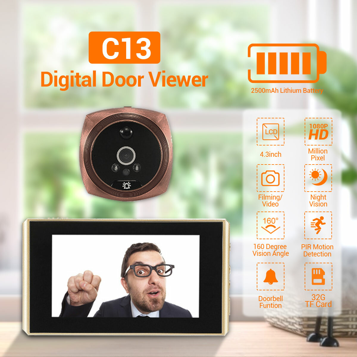 

C13 HD 1080P Door Viewer Video Peephole Camera 4.3" Monitor PIR Moton Sensor Detection Digital Ring Doorbell Night Visio