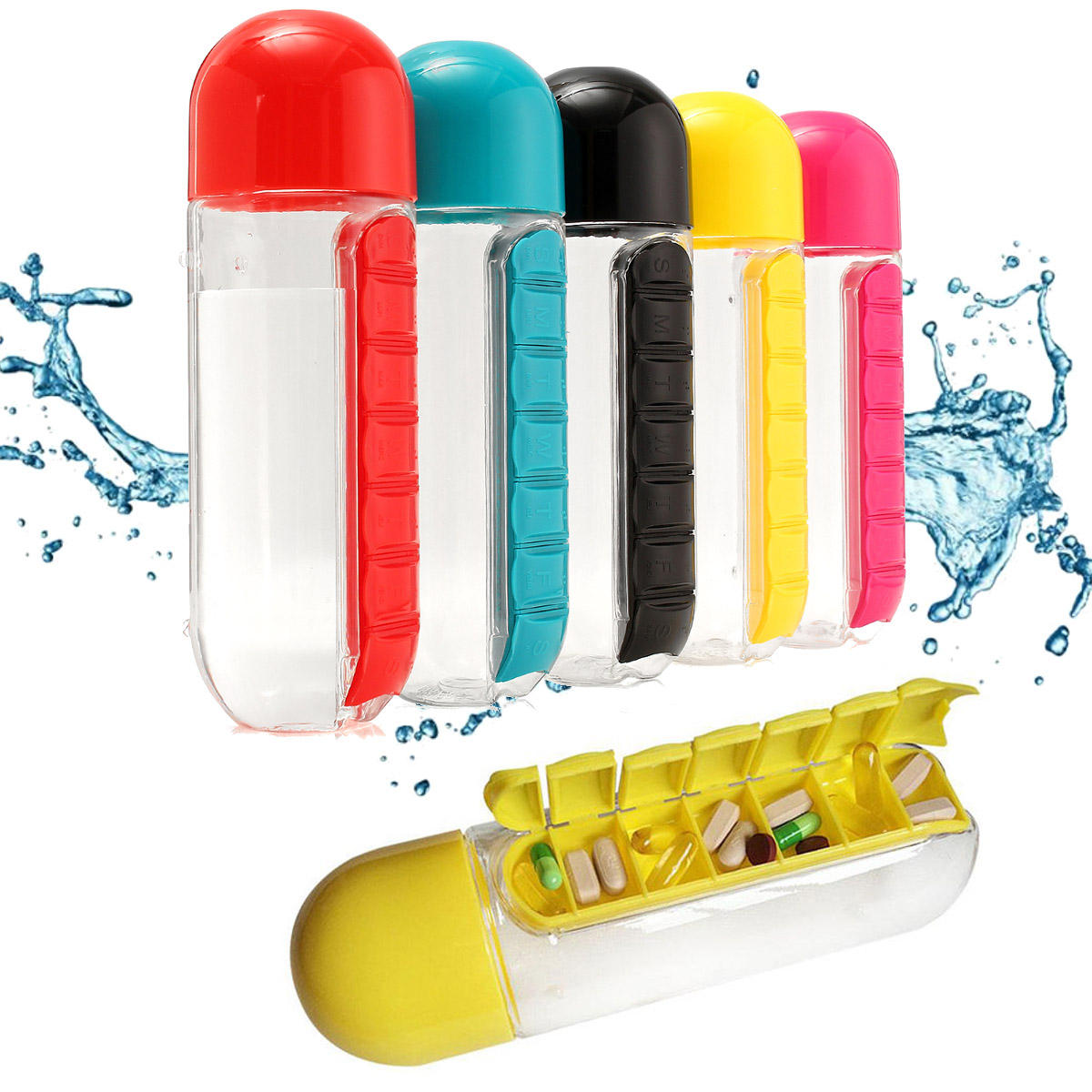 PRee™ 600ML 2 in 1 Custodia per pillole da viaggio Bottiglia d'acqua Tazza giornaliera di capsule Organizzatore di stoccaggio di vitamine