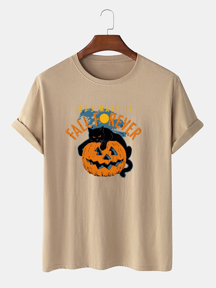 Mens 100% Cotton Halloween Cat Print Casual Short Sleeve T-Shirts