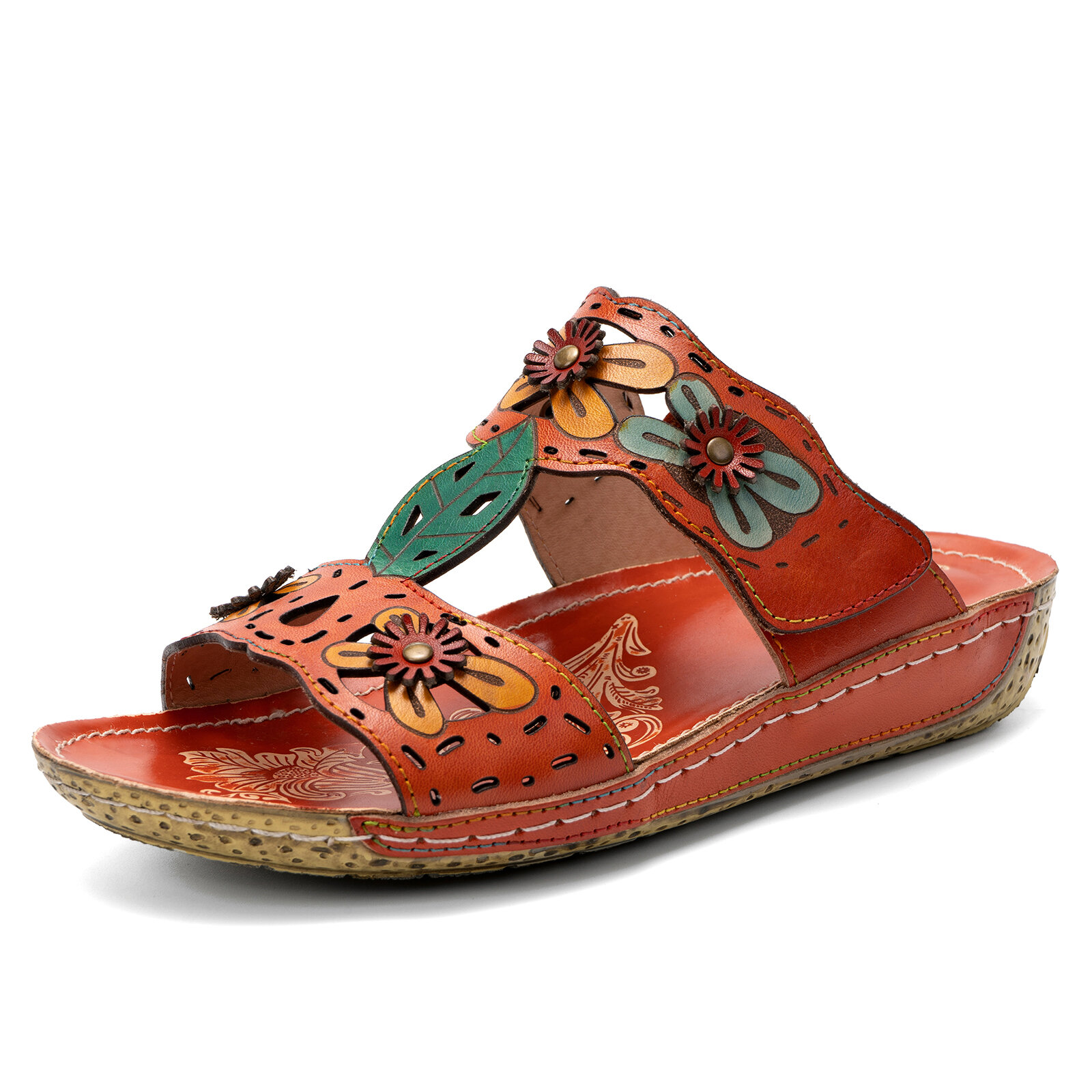 

Socofy Casual Vacation Hollow Out Flowers Decoration Bohemian Backless Slip On Sandals For Women