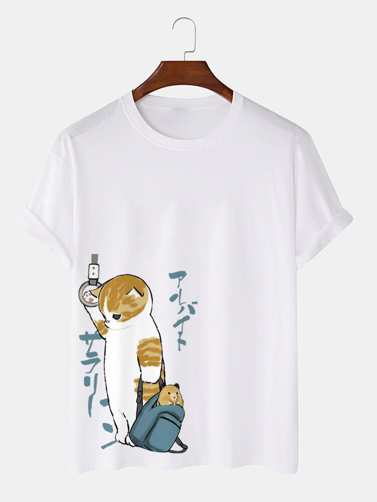 

Mens Japanese Style Cat Print Crew Neck Cotton Short Sleeve T-Shirts