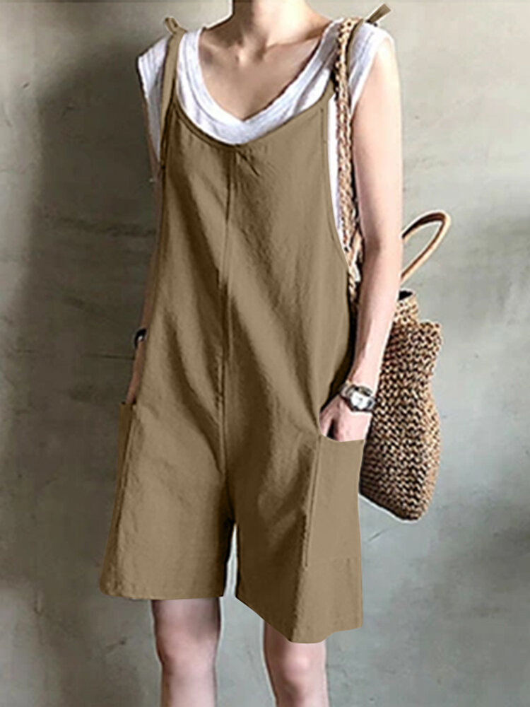 100 Cotton O Neck Loose Sleeveless Jumpsuits For Women