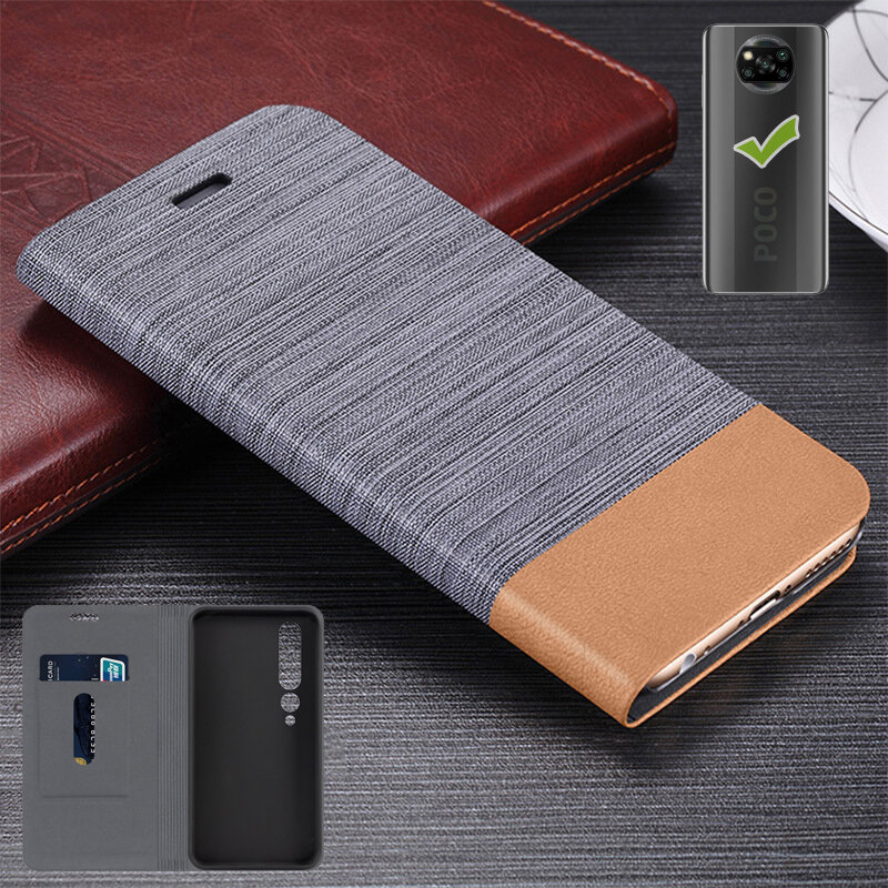 

Bakeeyfor POCO X3 PRO /POCO X3 NFC Case Canvas Pattern Flip with Card Holder Stand Shockproof PU Leather Full Cover Pr