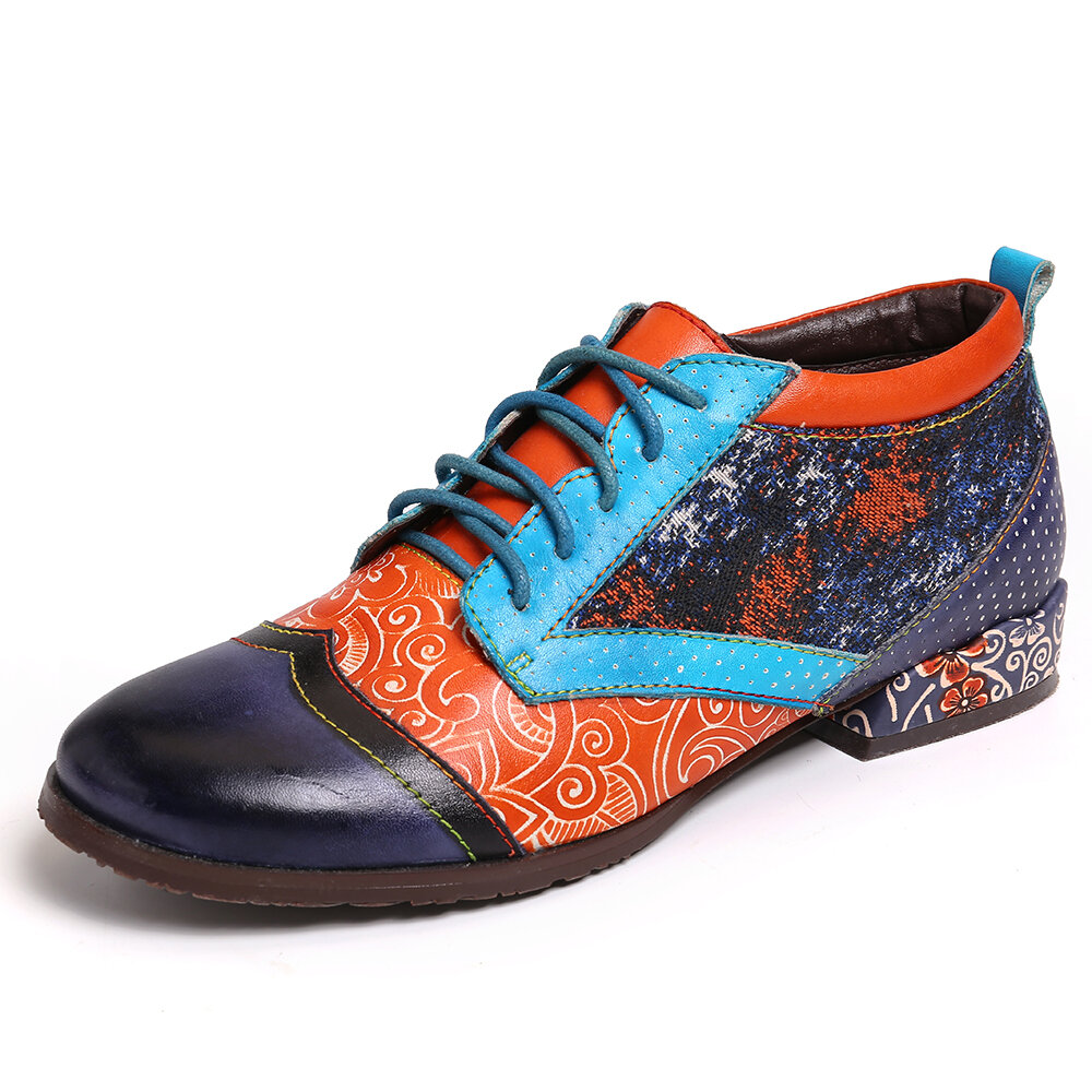 

SOCOFY Bohemian Шаблон Colorblock Натуральная Кожа Комфортные туфли на плоской подошве с вышивкой