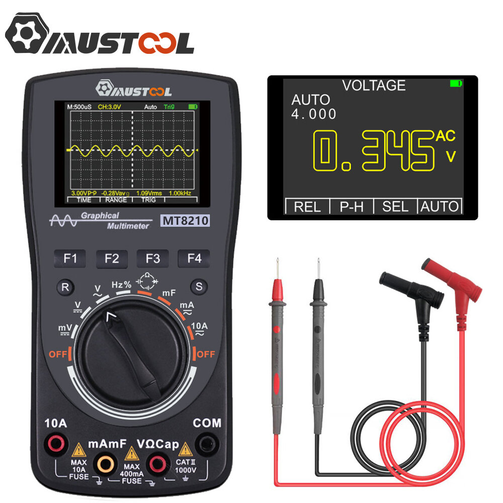 MUSTOOL MT8210 Intelligent Graphical Digital Oscilloscope Multimeter 2 in 1 With 2.4 Inches Color Screen 1MHz Bandwidth 2.5Msps Sampling Rate for DIY and Electronic Test