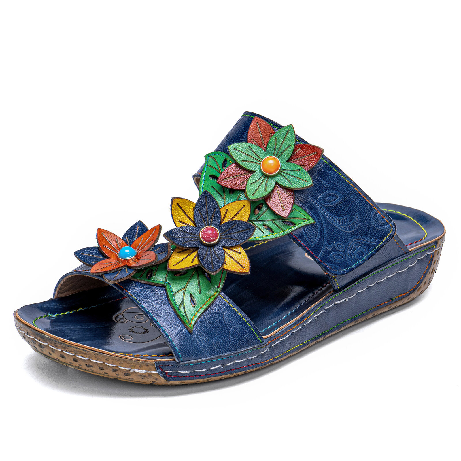 

Socofy Flowers Decoration Wedges Hook & Loop Comfy Sandals
