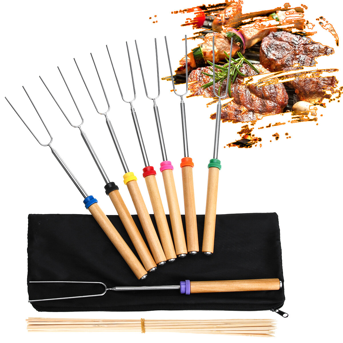 8PCS Roasting Sticks Telescoping 12"-32" Smore Sticks Skewers Set with Wooden Handle for BBQ Hot Dog Fork Fire Pit Camping Cookware